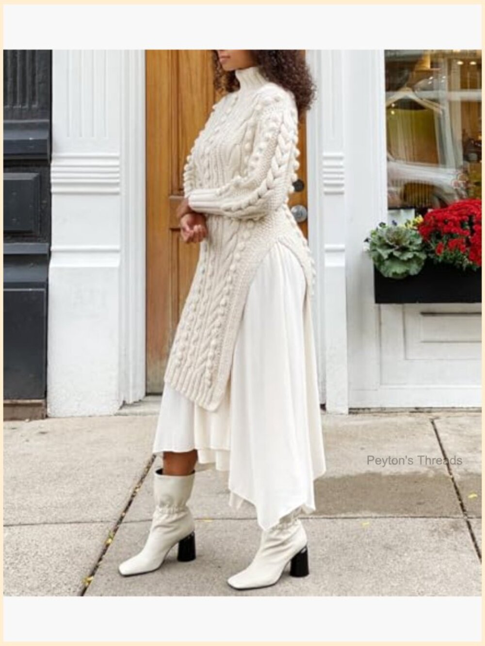 Textured Knit Puff Sleeve High Neck High Split Maxi Sweater Dress - Picture 6 of 7